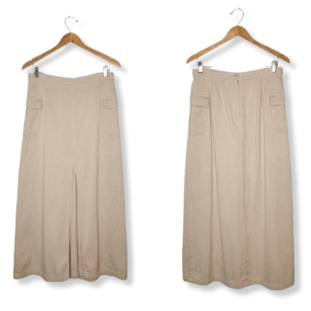 Vintage 90s Woven Cotton Cargo Maxi Skirt with Center Pleat Neutral Tan Size 10